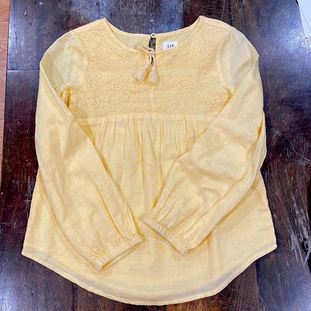 Yellow Gap kids linen long sleeve embroidered tunic